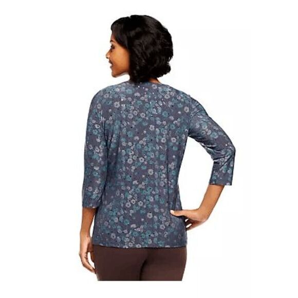 Susan Graver Womens 3X Liquid Knit 3/4 Sleeve Floral Printed Top Navy Blue NWT - Picture 4 of 4